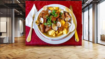 Portuguese cuisine with the combination of pork and clams,   popular and traditional Carne de Porco a Alentejana in Sintra, Portugal Wall mural