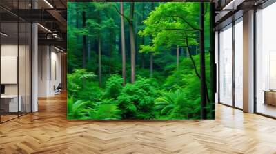 Lush green forest A dense forest filled with tall trees vibrant Wall mural