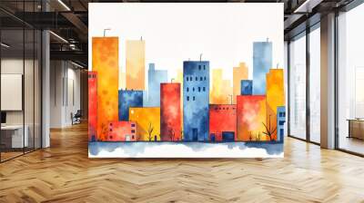 Colorful abstract cityscape with vibrant watercolor buildings and urban elements Wall mural