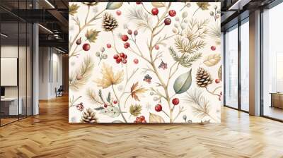 Elegant patterned design featuring winter berries, pinecones, and leaves on a light background Wall mural