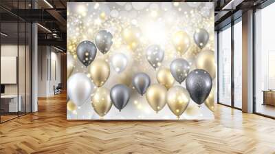 Festive balloons in gold, silver, and white against a shimmering background
 Wall mural