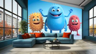 Happy cartoon bacteria friends waving on a bright blue background for fun and educational purposes. Wall mural