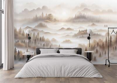 Misty forest landscape with ethereal fog and silhouetted trees against dreamy natural backdrop Wall mural