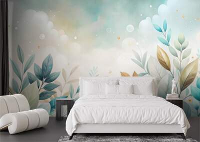 Pastel leaves with a dreamy sky background, artistic illustration for seasonal decor, copy space Wall mural