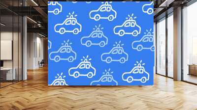 A vector seamless pattern with doodle outline police machines. Sedan auto in blue halftones for a design. Wall mural