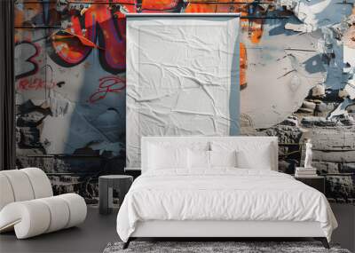 Blank white poster mockup with urban street art sticker frame on textured wall backdrop Wall mural