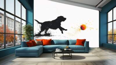 Engaged silhouette of a dog catching a colorful ball against a clean white backdrop. Playful pet concept Wall mural