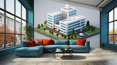 3D illustration of white hospital building with slope floor for emergency patient and ambulance van and helicopter parking area on isometric view. Cartoon model structure Wall mural