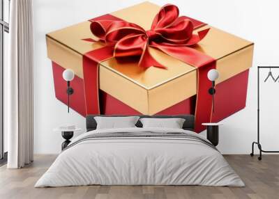 Art Isolated gift golden box with a red bow on a white background, transparent background Wall mural