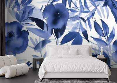 Artistic flowers pattern. Modern cartoon style print. Fashionable template for design. Many blue small flowers, white background Wall mural