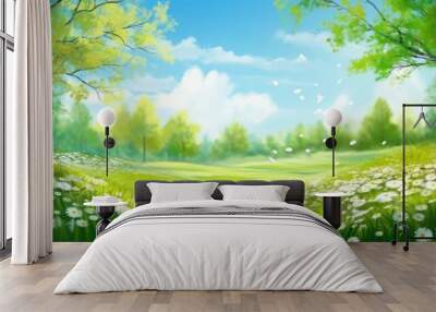 Beautiful blurred spring background nature with blooming glade, trees and blue sky on a sunny day Wall mural