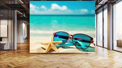 Beautiful colorful background for summer beach holiday. Sunglasses, starfish, turquoise flip-flops on sandy tropical beach against blue sky with clouds on bright sunny day Wall mural