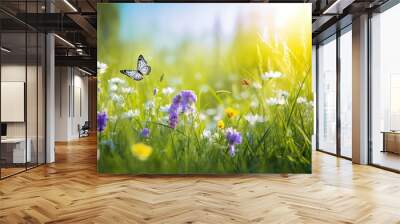 Beautiful field meadow flowers chamomile and violet wild bells and three flying butterflies in morning green grass in sunlight, natural landscape. Delightful pastoral airy fresh artistic image nature Wall mural