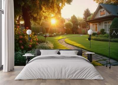 Beautiful manicured lawn and flowerbed with deciduous shrubs on private plot and track to house against backlit bright warm sunset evening light on background. Soft focusing in foreground Wall mural