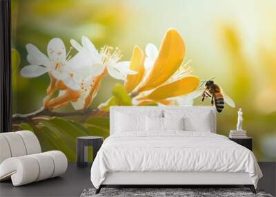 Beautiful natural background with orange tree foliage and flowers and a bee outdoors in nature Wall mural