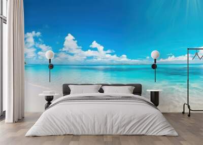 beautiful sandy beach with white sand and rolling calm wave of turquoise ocean on sunny day on backg Wall mural