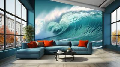 Beauty of marine nature, strength and power of the water element in form of a large turquoise sea wave crashing on shore Wall mural