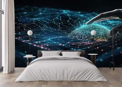 Big data technology and data science with person touching data flowing on virtual screen. Business analytics, artificial intelligence, machine learning. Engineer or scientist analyzing stream of data. Wall mural