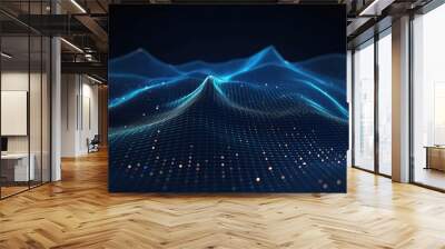 Data technology background with dots and binary code on 3D wave landscape. Big data and science, computing, digital processing and storage, virtual reality, cyberspace, metaverse, high speed internet Wall mural