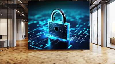 Digital padlock for computing system on dark blue background, cyber security technology for fraud prevention and privacy data network protection Wall mural