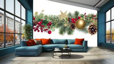 Festive Christmas border, isolated on white background. Fir green branches are decorated with gold stars, fir cones and red berries, banner format Wall mural