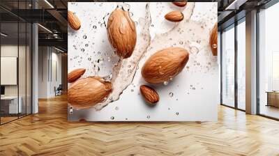 Fresh almond nuts with drops of water on a White background. Top view. Wall mural