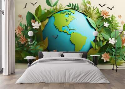 full body earth in cartoon style full studio center in beige background, symbol of environmental protection and care of a fragile planet Earth Day concept Wall mural