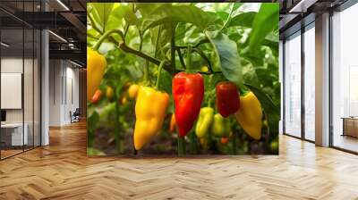 Growing sweet peppers in a greenhouse close-up. Fresh juicy red and yellow peppers on the branches close-up. Agriculture - large crop of round pepper Wall mural