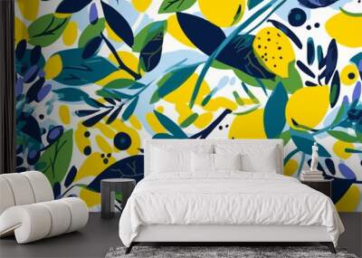 Hand drawn abstract artistic lemon citrus fruits pattern. Collage playful contemporary print. Fashionable template for design Wall mural