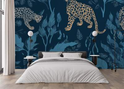 Hand drawn artistic dark blue tones pattern with leopards. Abstract collage contemporary seamless pattern. Fashionable template for design Wall mural