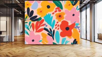 Hand drawn bright abstract flowers and leaves print. Cute modern cartoon style pattern. Fashionable template for design. Wall mural