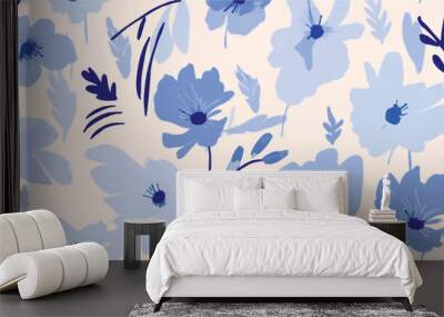 Hand drawn bright blue simple abstract floral print. Minimalist trendy pattern. Fashionable template for design. Wall mural