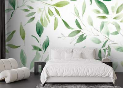 Hand painted foliage pattern, seamless floral print with green leaves, watercolor illustration isolated on white background for your wallpapers, textile or cover Wall mural