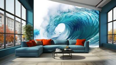 Large stormy sea wave in deep blue, isolated on white. Nature of the climate. in front, Big breaking blue ocean wave. Surfing summer wave banner, fresh and spray, white background with copyspace Wall mural