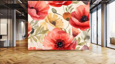 Minimal bright abstract poppy flowers pattern, pastel watercolor flowers. Collage contemporary print. Fashionable template for design. Wall mural