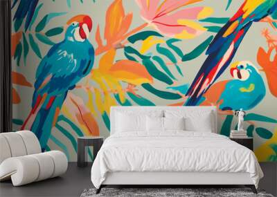 Modern tropical pattern with parrots. Cute botanical abstract contemporary seamless pattern. Hand drawn unique print. Wall mural