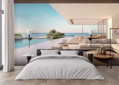 Panorama of living room modern beach house or hotel with swimming pool and terrace.3d rendering Wall mural