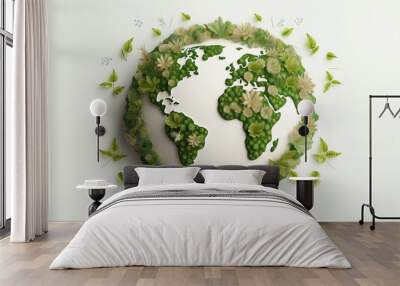 Paper earth globe surrounded by green beige foliage, symbol of environmental protection and care of a fragile planet Earth Day concept Wall mural