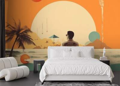 Retro stylefashion man relaxing on the beach. Pin up girl Wall mural