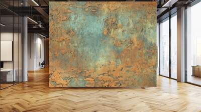 Seamless oxidized copper patina sheet metal wall panel grunge background texture. Vintage antique weathered and worn rusted bronze or brass abstract pattern Wall mural