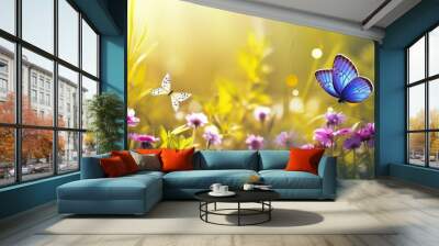 Small wild purple flowers in grass and two yellow butterflies soaring in nature in rays of sunlight close-up. Spring summer natural landscape Wall mural