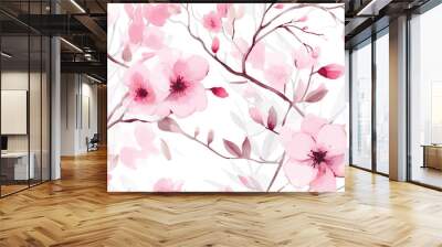 Spring seamless pattern with abstract blossom tree with delicate pink flowers and buds, watercolor illustration isolated on white background, floral print for fabric, wallpapers or wrapping paper. Wall mural