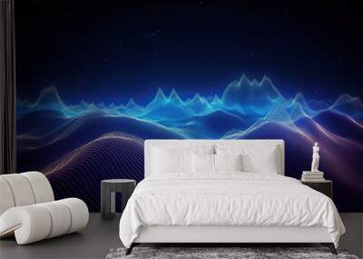 Technology background with connected dots on 3D wave landscape. Data science, particles, digital world, virtual reality, cyberspace, metaverse concept Wall mural