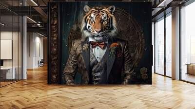 Tiger dressed in an elegant modern suit with a nice tie. Fashion portrait of an anthropomorphic animal, feline, posing with a charismatic human attitude Wall mural