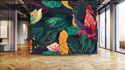 Trendy exotic jungle plants illustration pattern. Creative collage contemporary floral seamless pattern. Fashionable template for design. Wall mural