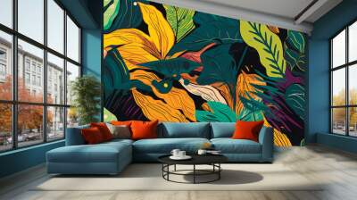 Trendy exotic jungle plants illustration pattern. Creative collage contemporary floral seamless pattern. Fashionable template for design. Wall mural