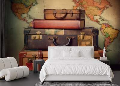 Vintage old classic travel suitcases circa 1940s. Travel luggage concept. Retro vacation holidays travel concept Wall mural