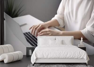 Woman hands typing on computer keyboard closeup, businesswoman or student using laptop at home, online learning, internet marketing, working from home, office workplace freelance concept Wall mural