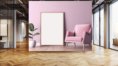 wooden frame mockup in trendy minimalist pink living room interior with pink armchair and plant Wall mural