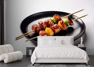 Yakitori on black plate with white background isolated Wall mural